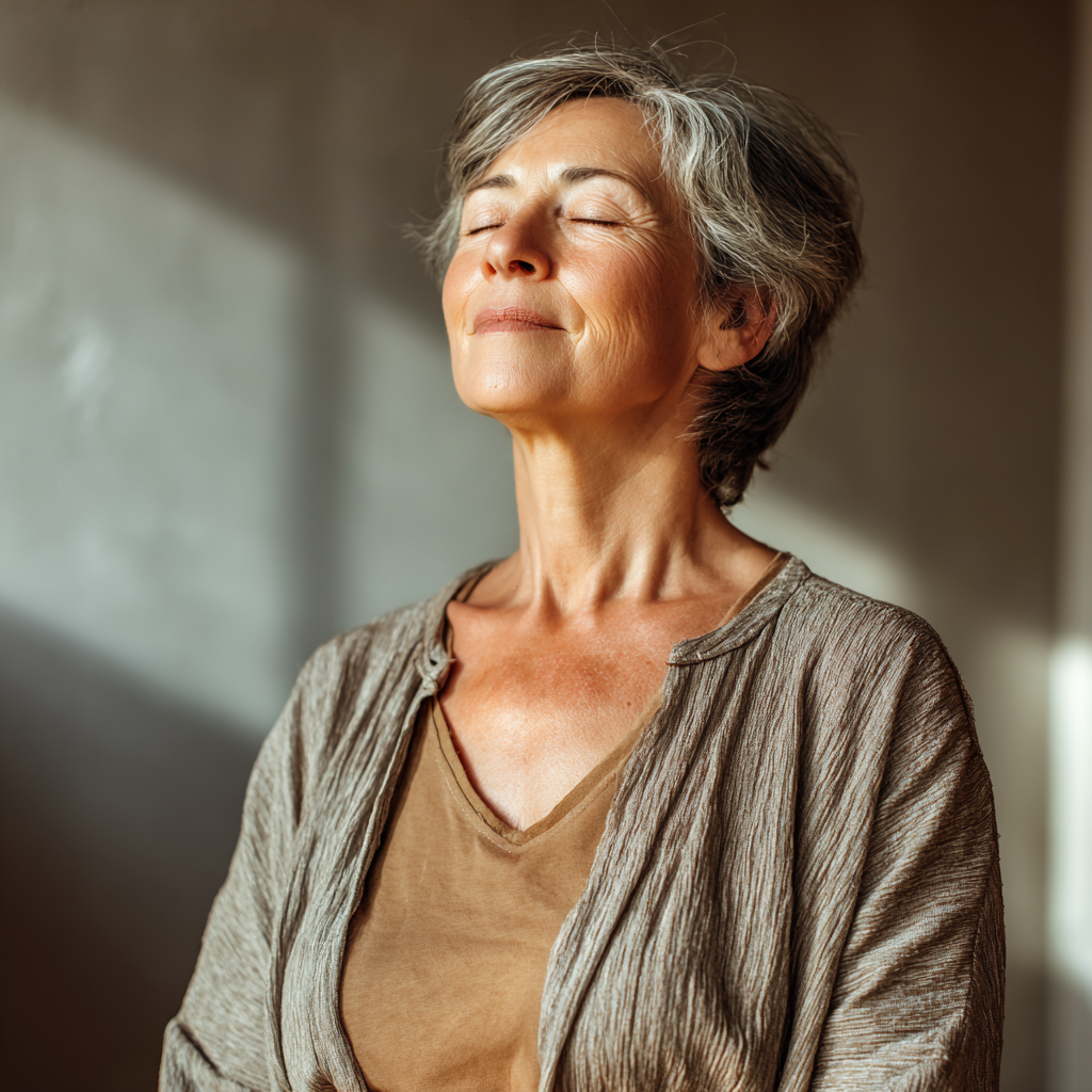 Mature woman practicing mindful breathing in peaceful studio environment